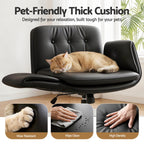 Black pet-friendly thick cushion on a chair with a cat sleeping on it, surrounded by images of paw, cleaning, and density
