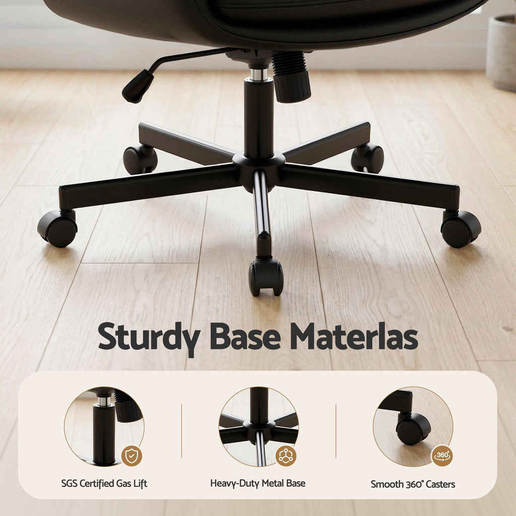 Black office chair with sturdy base materials highlighted on a wooden floor.