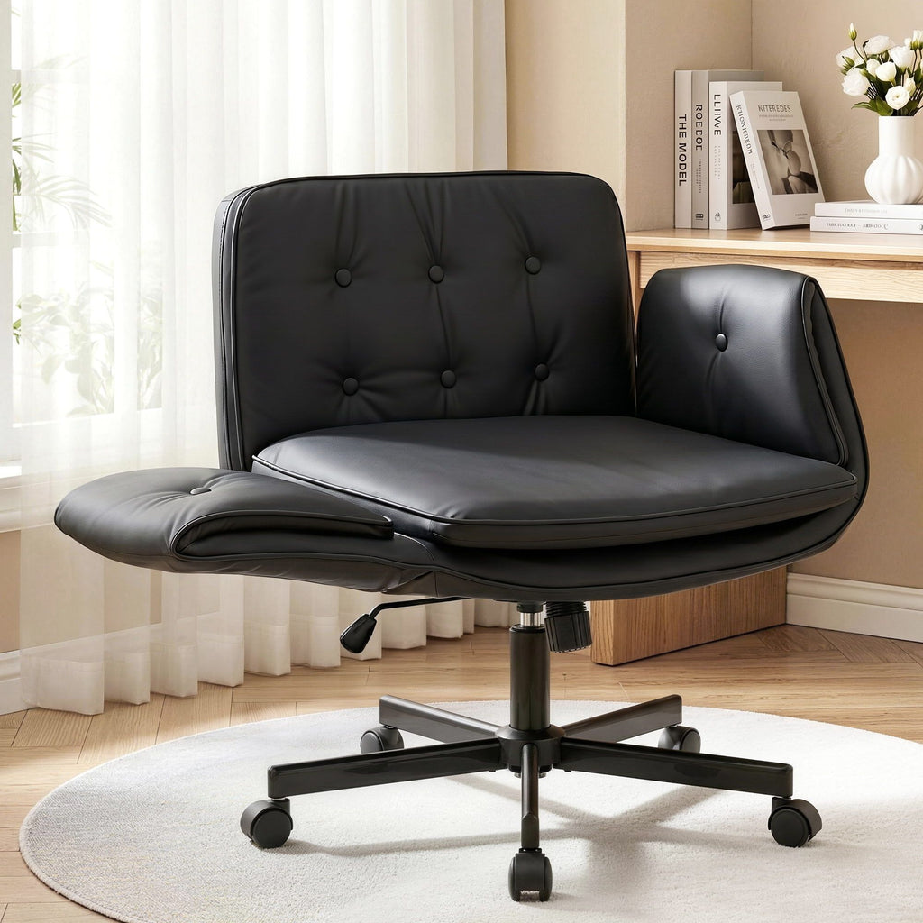 Black office chair in a room with a desk and decor