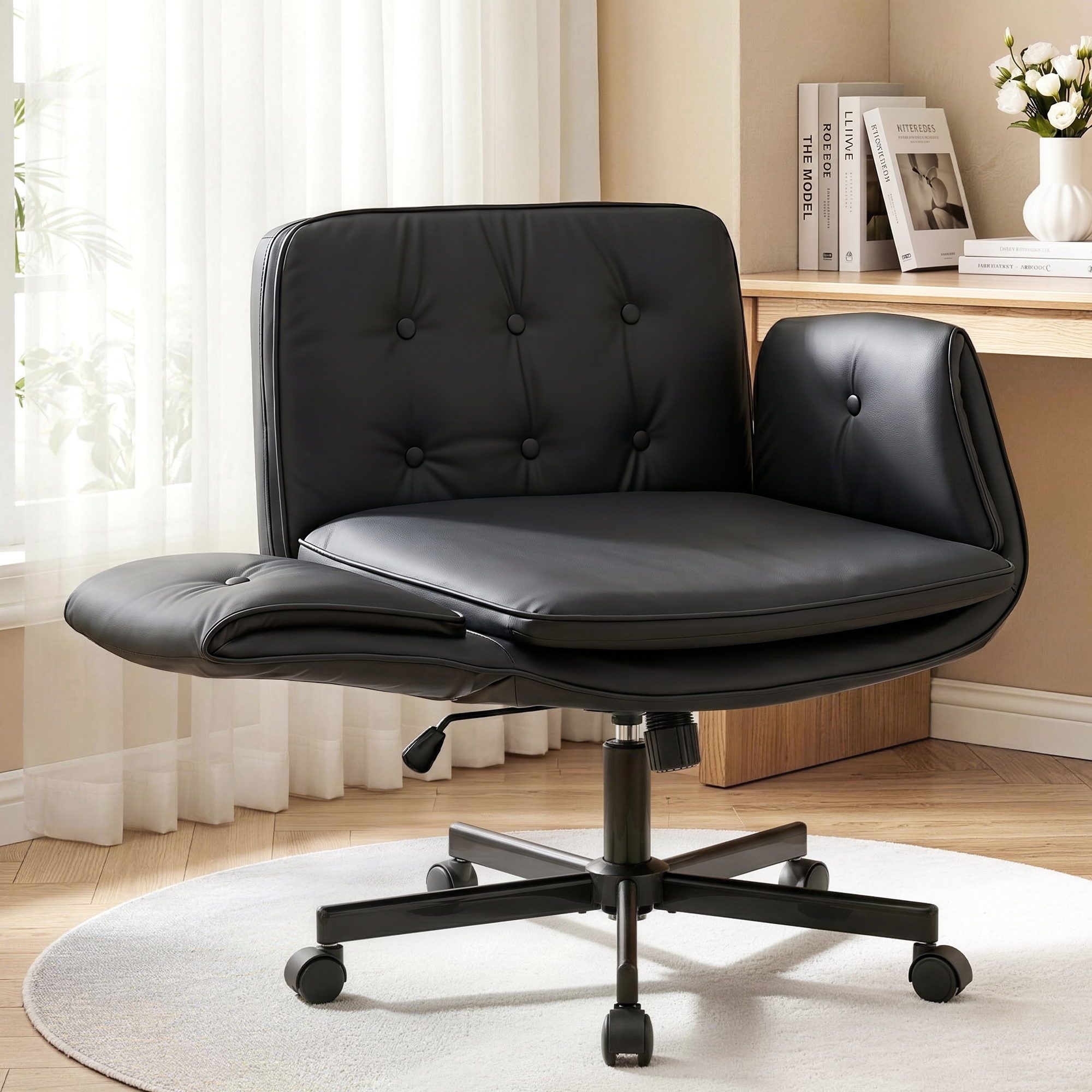 Black office chair in a room with a desk and decor