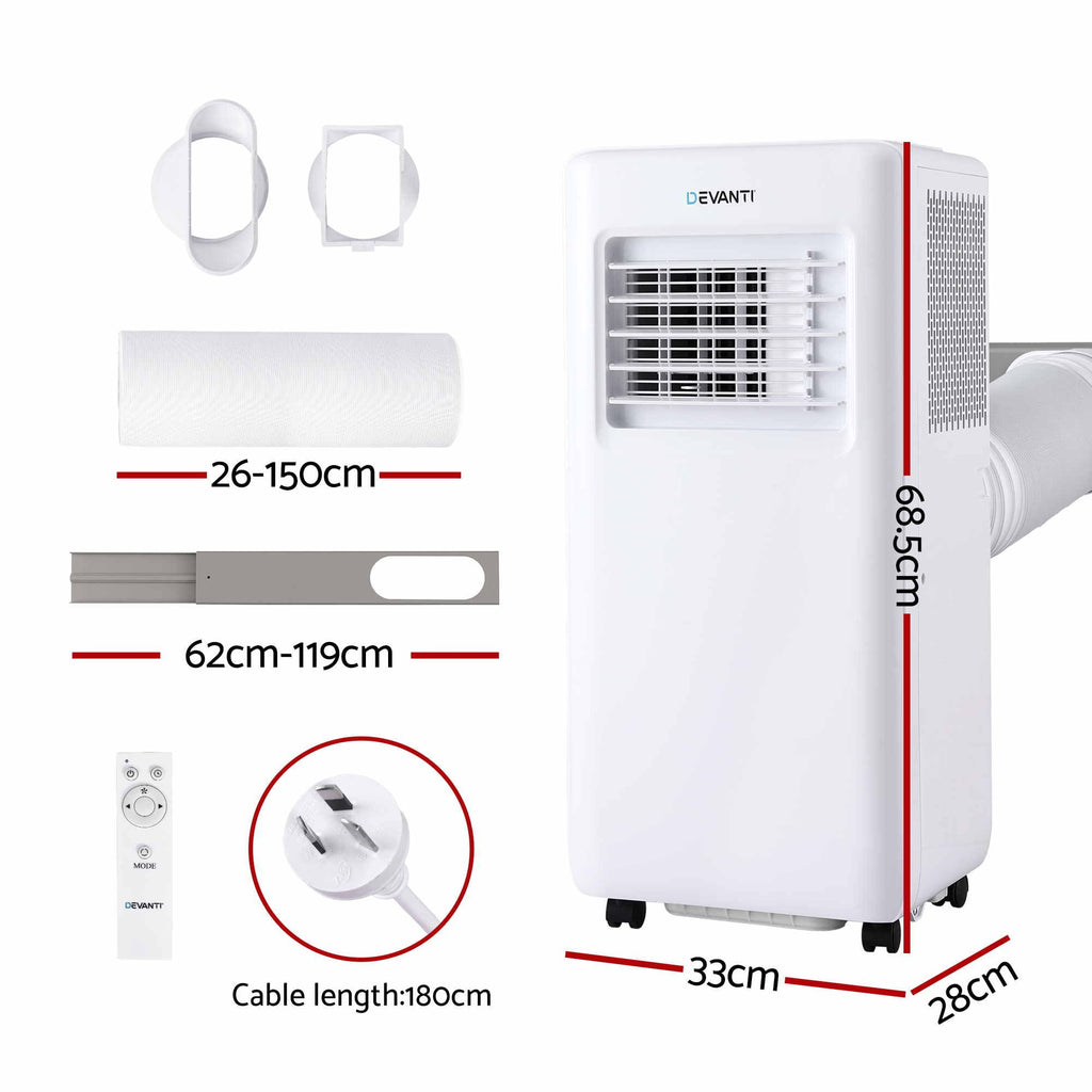 White portable air conditioner with dimension labels, remote control, and plug details on a light gray background. The product is shown with red measurement lines and text indicating height, width, depth, cable length, and plug type.