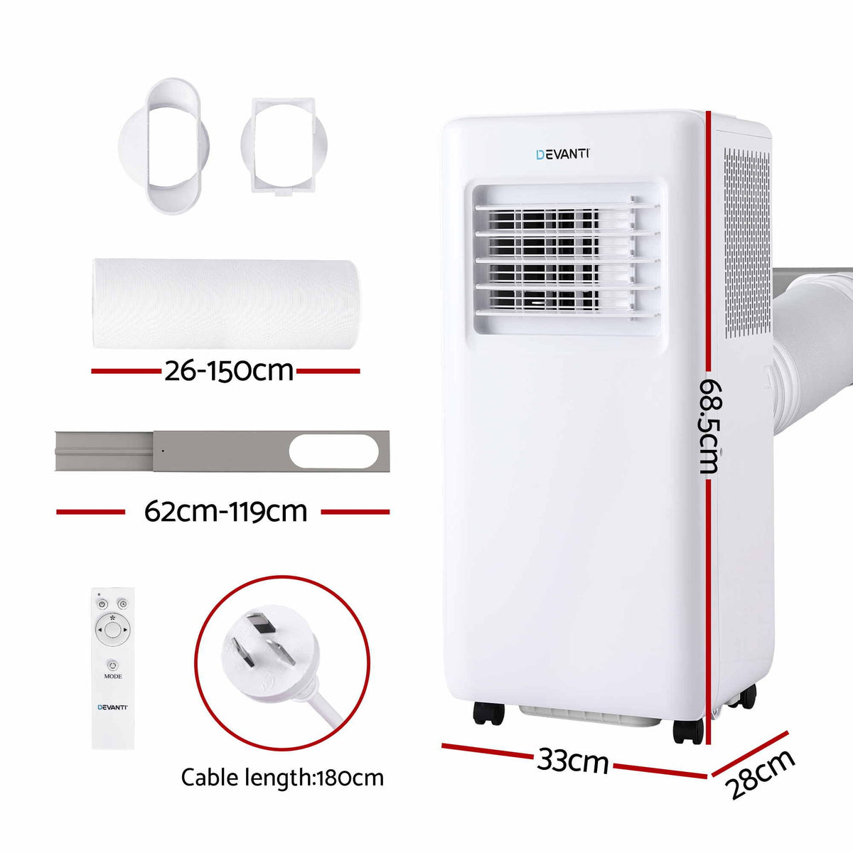 White portable air conditioner with dimension labels, remote control, and plug details on a light gray background. The product is shown with red measurement lines and text indicating height, width, depth, cable length, and plug type.