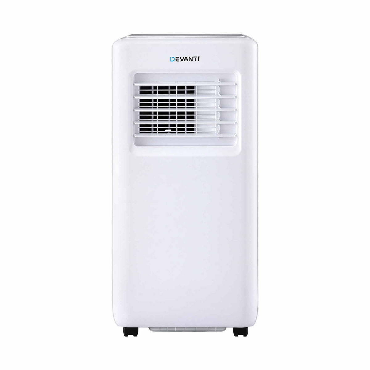 A white Devanti portable air conditioner with a front vent grille and small black caster wheels, shown against a plain white background.