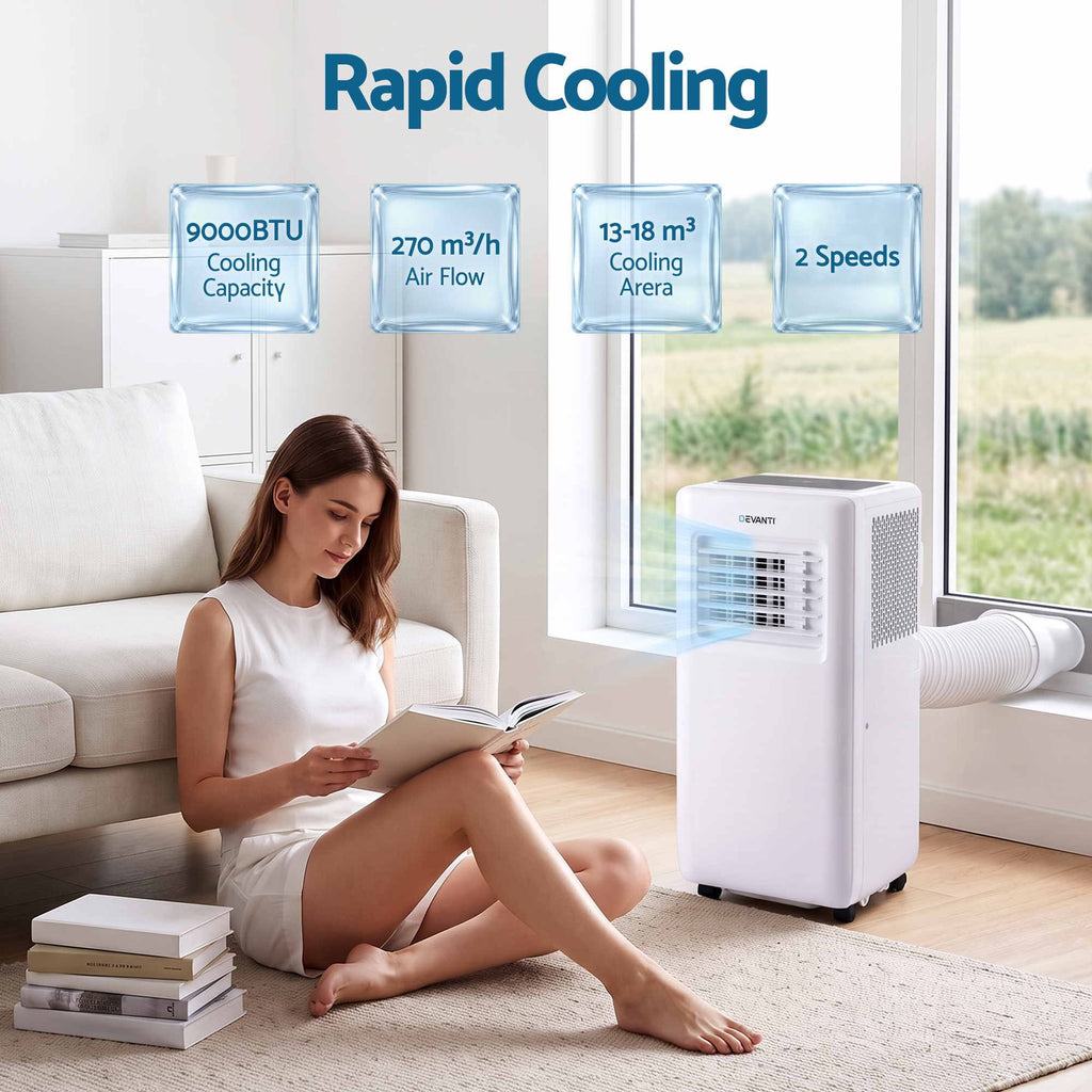 A woman sits on a rug in a bright living room reading a book beside a white portable air conditioner with a vent connected to a window. Blue text overlays highlight cooling features: 9000BTU cooling capacity, 270 m3/h air flow, 13-18 m3 cooling area, and 2 speeds.