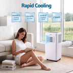 A woman sits on a rug in a bright living room reading a book beside a white portable air conditioner with a vent connected to a window. Blue text overlays highlight cooling features: 9000BTU cooling capacity, 270 m3/h air flow, 13-18 m3 cooling area, and 2 speeds.
