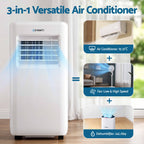 White Devanti 3-in-1 portable air conditioner shown on a light background with feature callouts for air conditioner cooling, fan speed, and dehumidifier function.