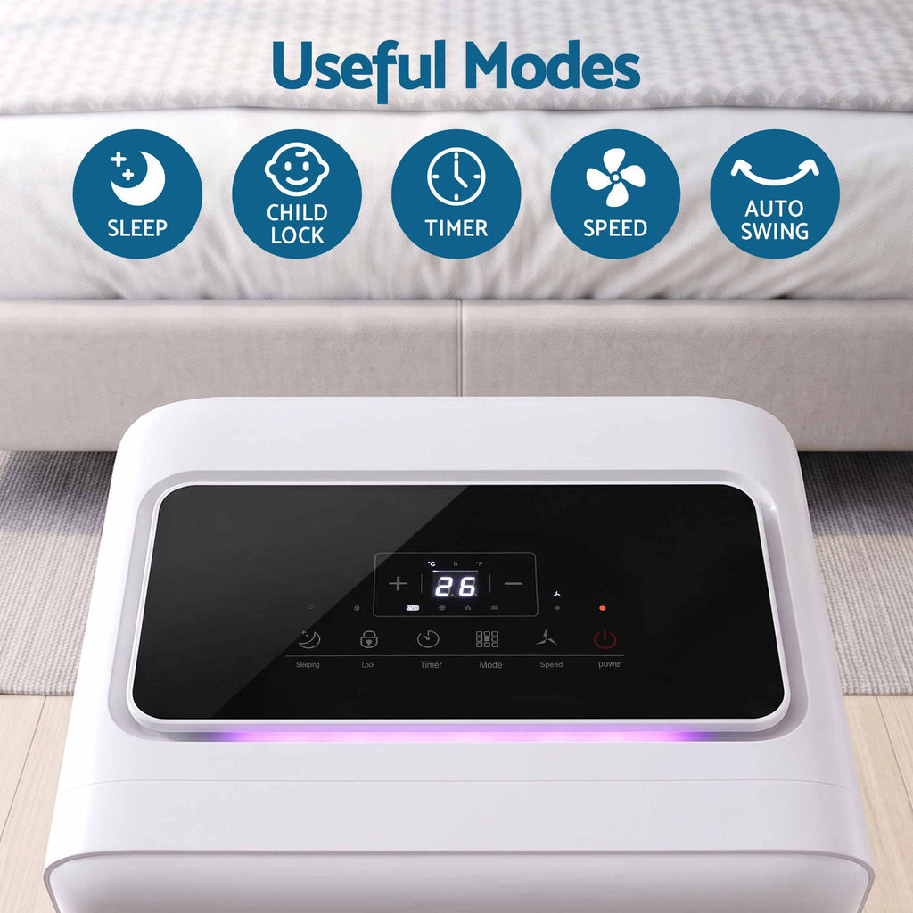 A white electric mattress pad or mattress protector shown in a bedroom setting, with a black control panel on the front and a digital display. Above the product, blue text reads 'Useful Modes' with five circular icons labeled Sleep, Child Lock, Timer, Speed, and Auto Swing.