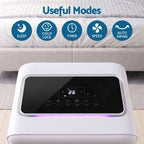 A white electric mattress pad or mattress protector shown in a bedroom setting, with a black control panel on the front and a digital display. Above the product, blue text reads 'Useful Modes' with five circular icons labeled Sleep, Child Lock, Timer, Speed, and Auto Swing.