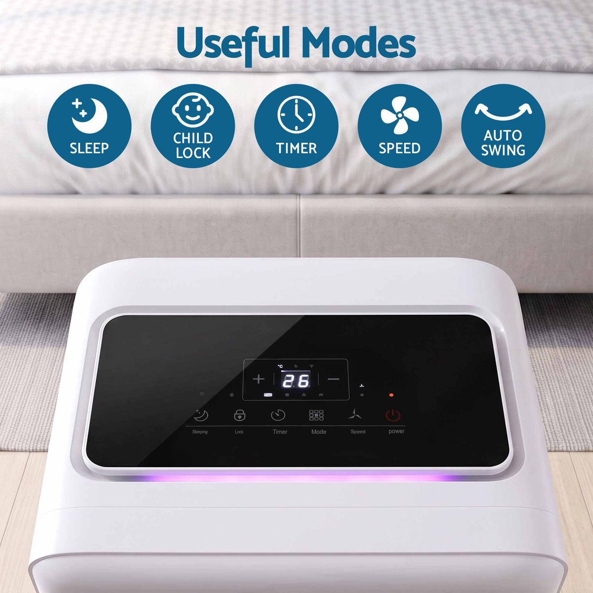 A white electric mattress pad or mattress protector shown in a bedroom setting, with a black control panel on the front and a digital display. Above the product, blue text reads 'Useful Modes' with five circular icons labeled Sleep, Child Lock, Timer, Speed, and Auto Swing.