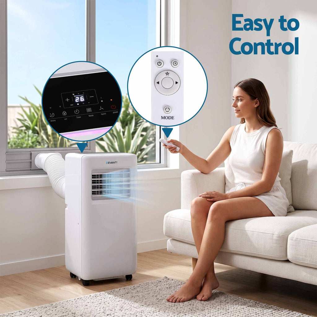 A white portable window air conditioner with a flexible hose connected to a window, shown next to a woman sitting on a white sofa in a bright living room. Two circular callouts highlight the control panel and remote control, with the text 'Easy to Control' in the upper right.