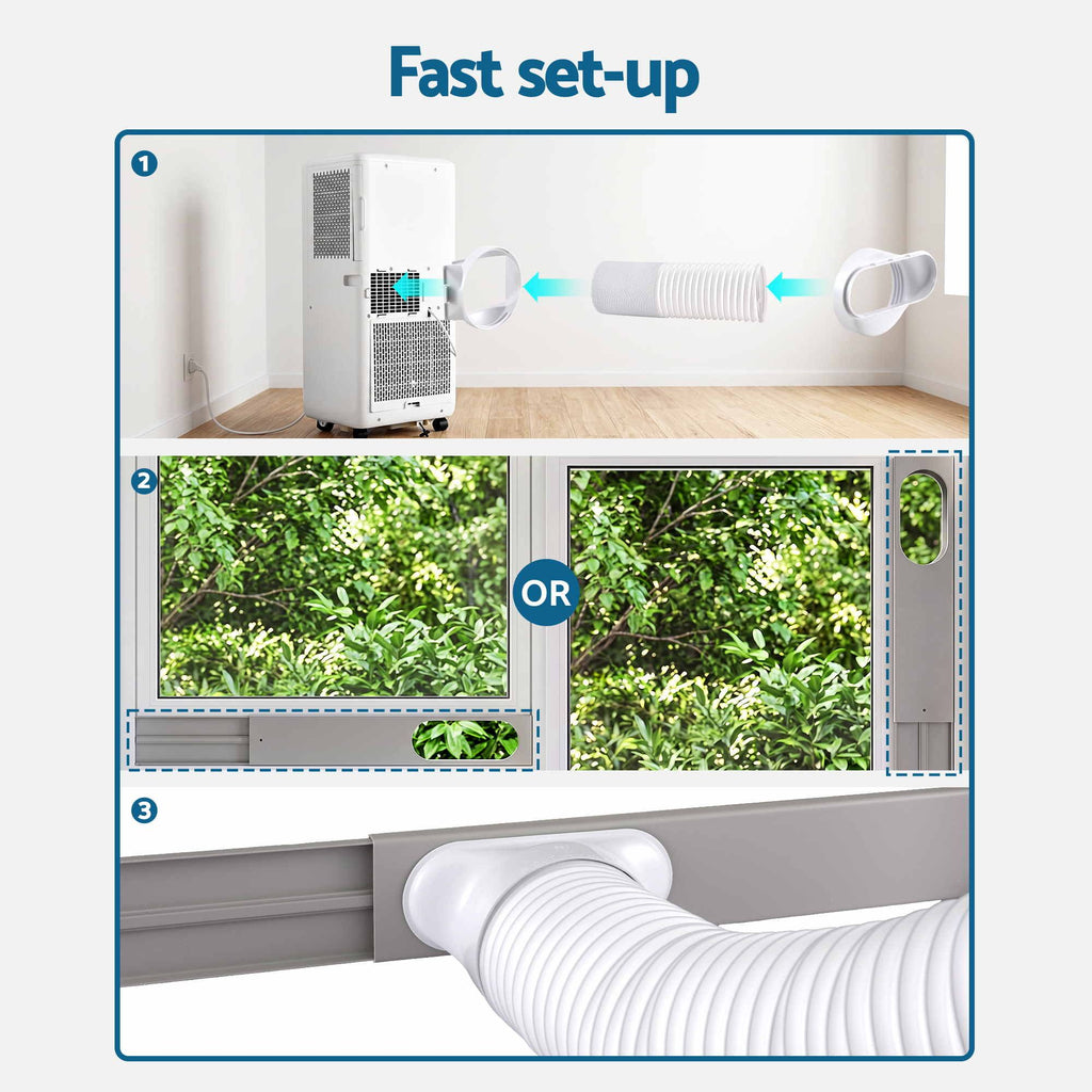 Instruction graphic showing fast set-up options for a portable air conditioner or cooler. Step 1 shows the unit connected to a flexible white hose.