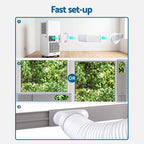 Instruction graphic showing fast set-up options for a portable air conditioner or cooler. Step 1 shows the unit connected to a flexible white hose.