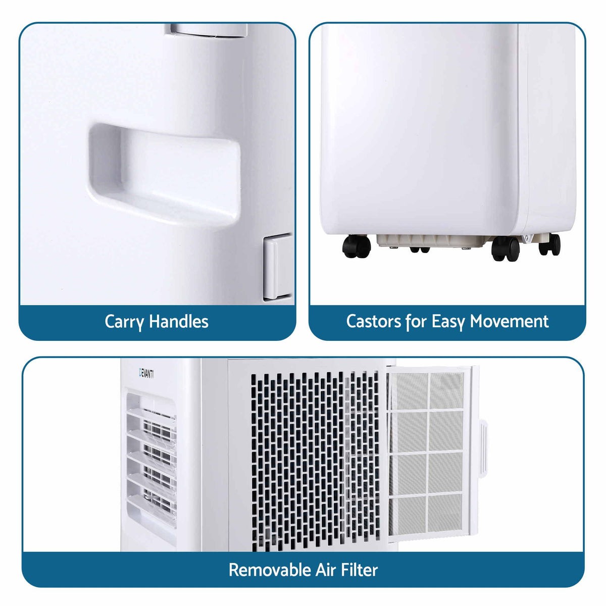 hree-panel product feature graphic for a white portable air conditioner or mini split unit, showing close-ups of a carry handle, casters at the base, and a removable air filter, with text labels on blue banners.