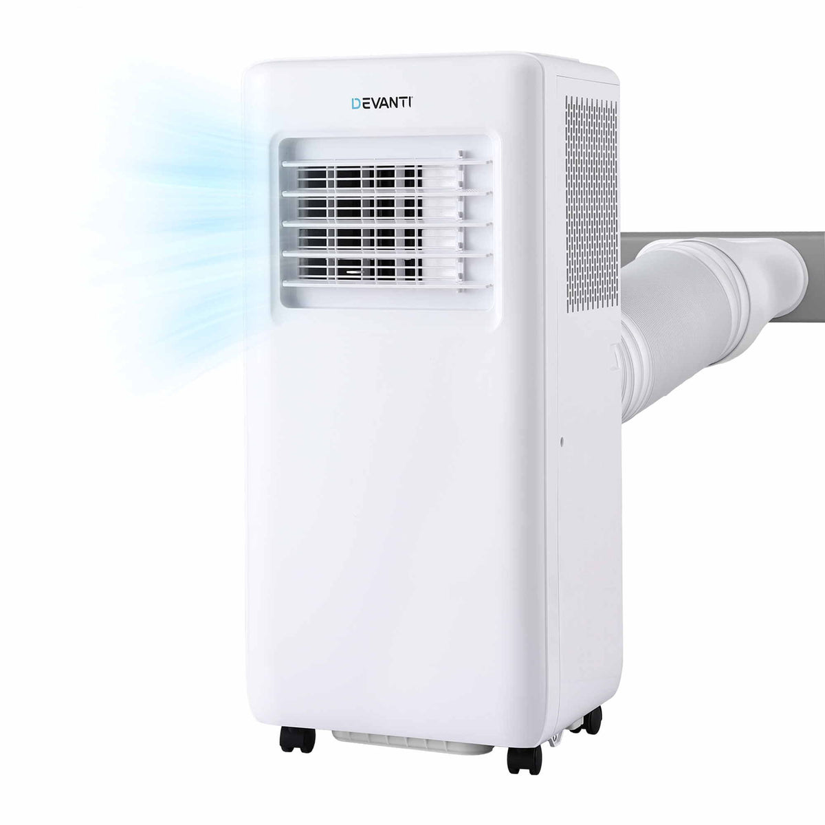 White portable window air conditioner with a visible brand logo 'DEVANTI' on the front, featuring a front vent, side exhaust opening, and a blue graphic indicating airflow, set against a plain white background.