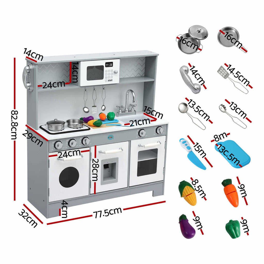 A children's toy kitchen playset shown on a white background with red dimension lines and labels indicating the size of the playset and individual kitchen accessories.
