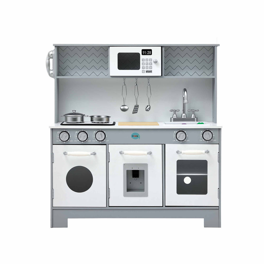 A children's toy kitchen playset with a gray frame and white appliance panels, including a microwave, stove, sink, faucet, and oven doors, shown on a plain white background.