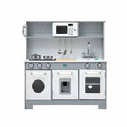A children's toy kitchen playset with a gray frame and white appliance panels, including a microwave, stove, sink, faucet, and oven doors, shown on a plain white background.
