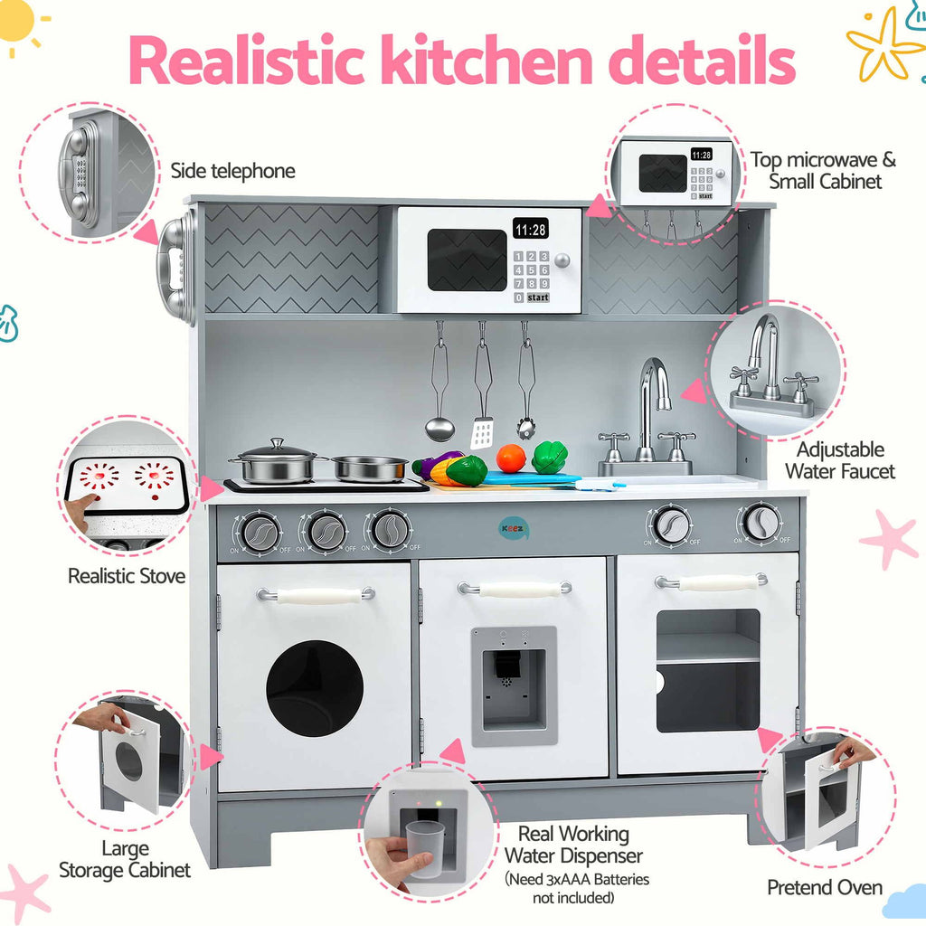 A children's play kitchen set with labeled callouts showing features such as a side telephone, top microwave and small cabinet, realistic stove, adjustable water faucet, large storage cabinet, real working water dispenser, and pretend oven. The image is not a clean product-only photo because multiple inset circles and text annotations explain the product details.