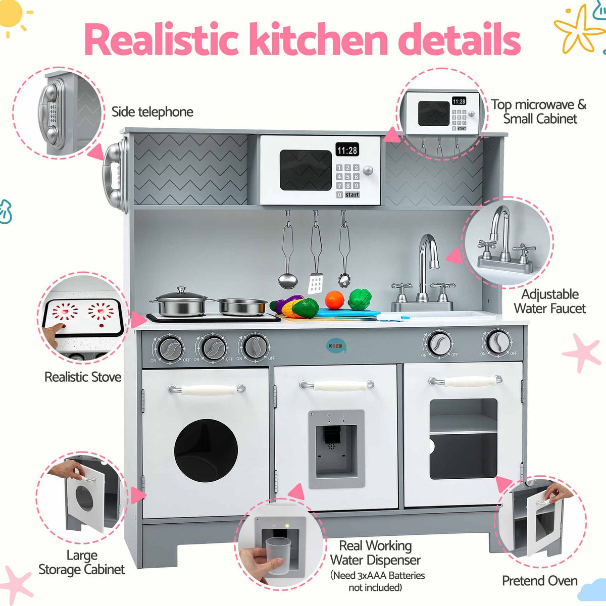 A children's play kitchen set with labeled callouts showing features such as a side telephone, top microwave and small cabinet, realistic stove, adjustable water faucet, large storage cabinet, real working water dispenser, and pretend oven. The image is not a clean product-only photo because multiple inset circles and text annotations explain the product details.