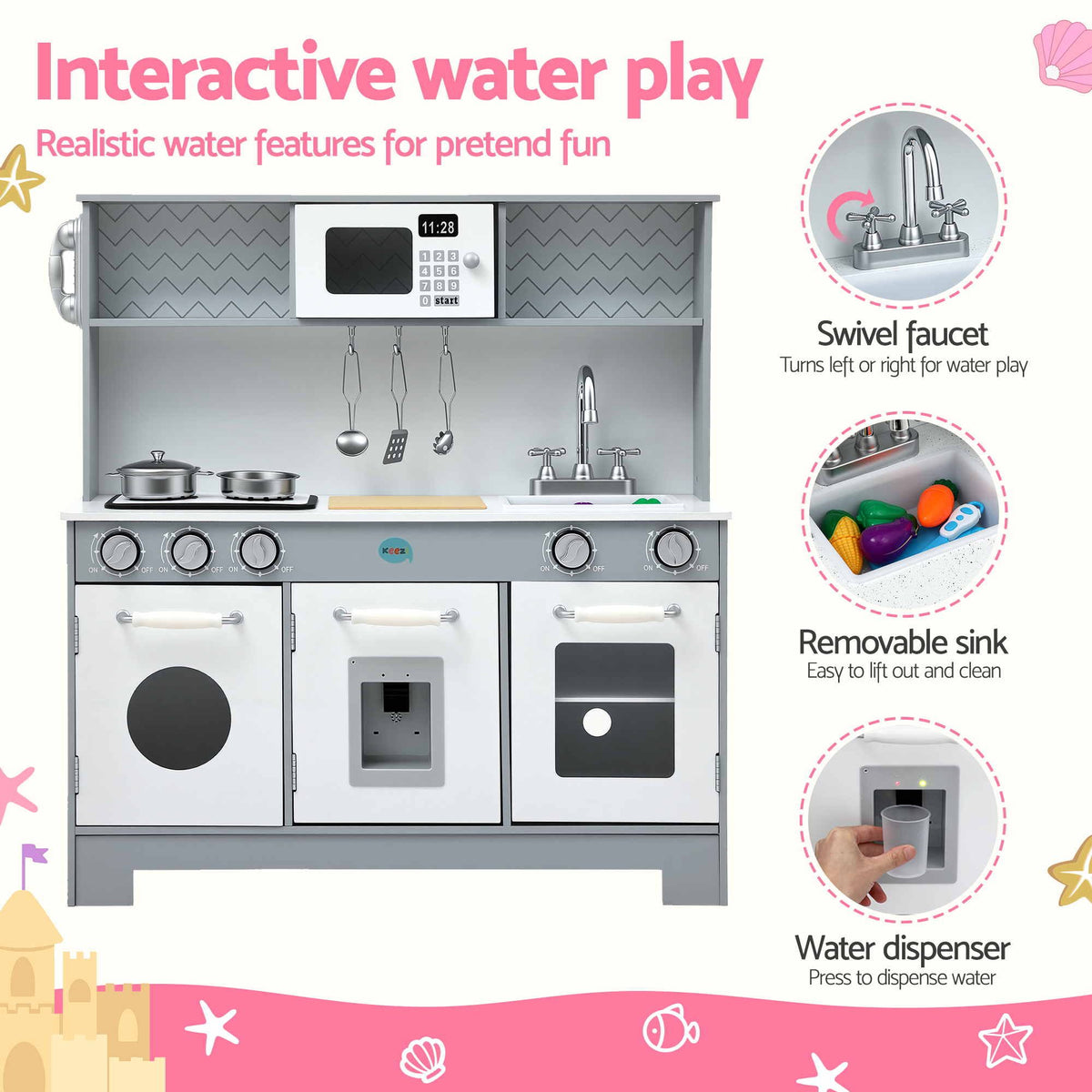 A children's toy kitchen playset with a white and gray stove, sink, microwave, and hanging utensils, shown on a pink-and-white promotional background with callout circles highlighting features like the swivel faucet, removable sink, and water dispenser.