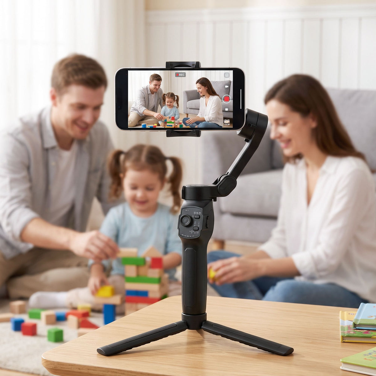A black handheld smartphone gimbal tripod stands on a wooden table in a living room, with a family playing with blocks in the background. The phone mounted on the gimbal shows a video call or live stream interface.