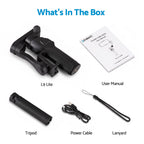 A product box contents layout on a white background with the title 'What's In The Box' at the top. The image shows a black handheld gimbal labeled 'L9 Lite,' a white user manual, a black tripod, a black power cable, and a black lanyard, each labeled underneath.