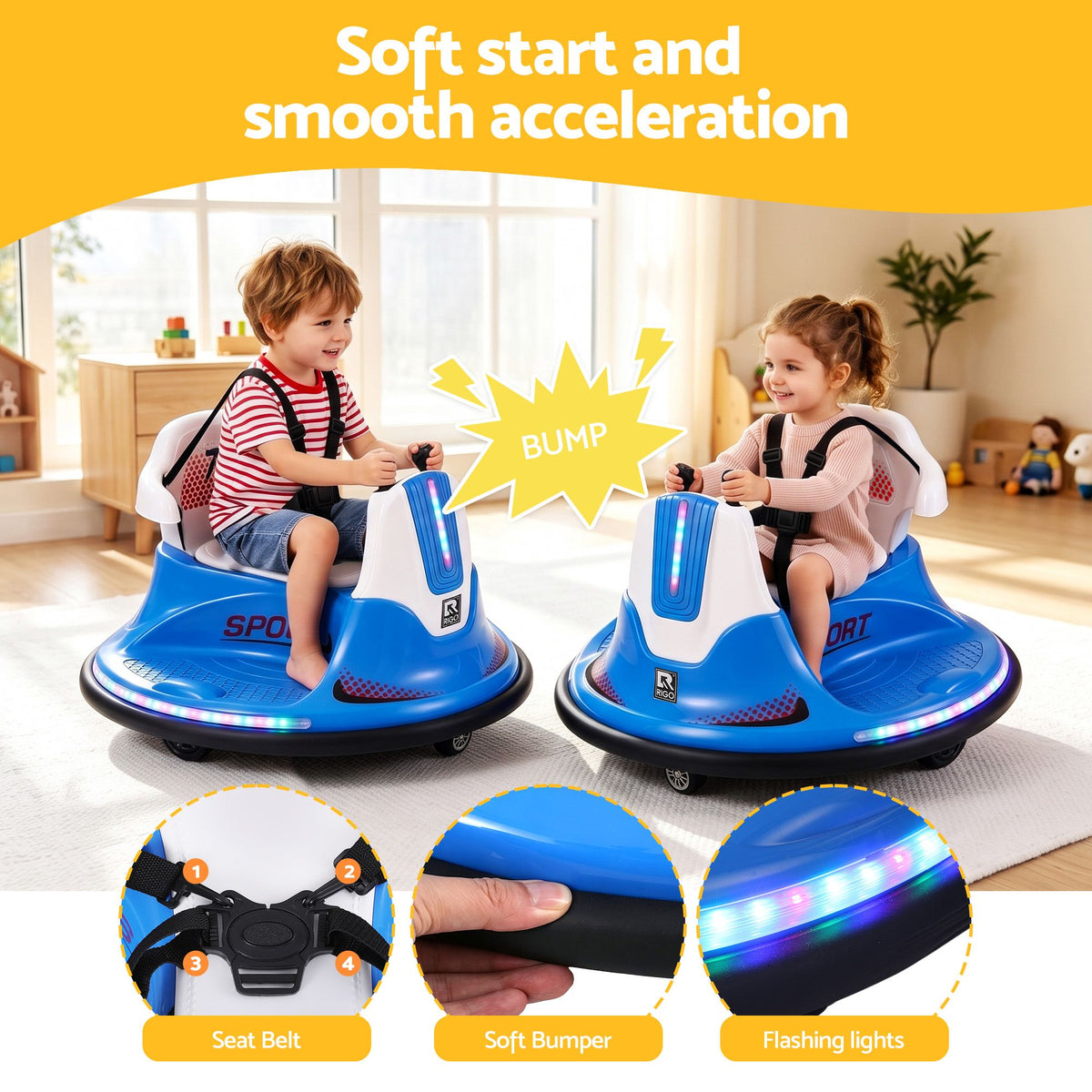 Rigo 12V Kids Bumper Ride-On Car — Blue