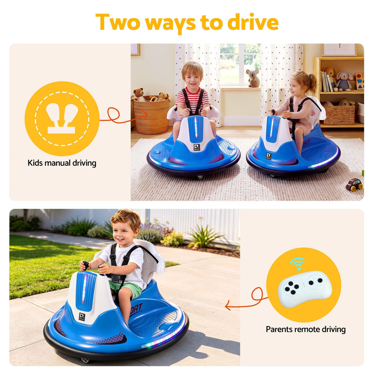 Rigo 12V Kids Bumper Ride-On Car — Blue