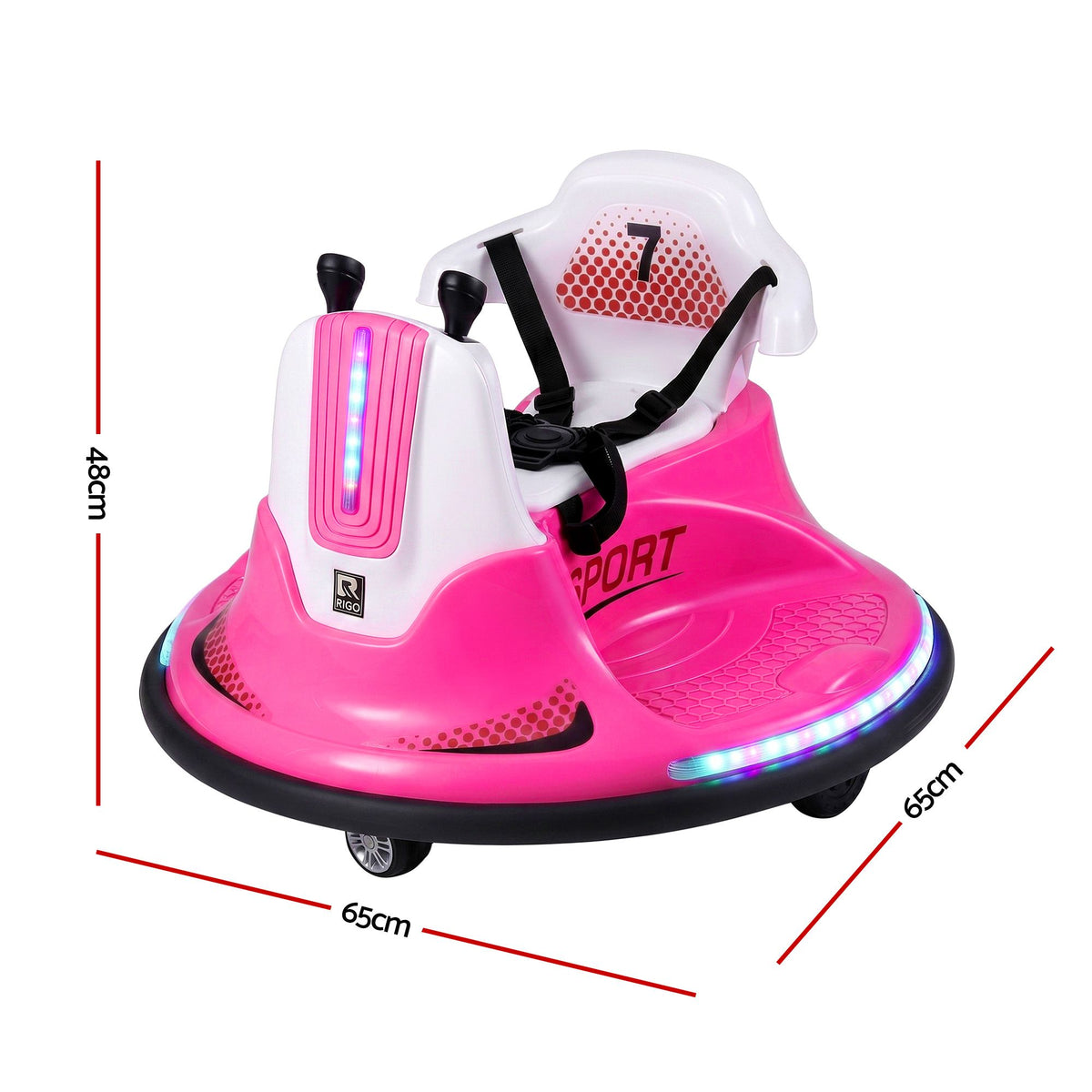 Pink and white children's bumper car toy with LED lights, shown with red dimension lines and measurements (48cm, 65cm, 65cm) on a white background.