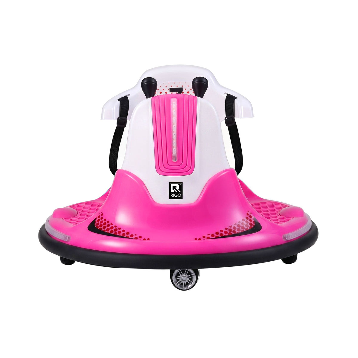 A pink and white baby bumper car stroller ride on toy with a black base and wheels, shown on a solid white background.

Details