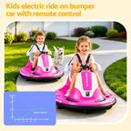wo children riding pink electric bumper cars on a paved backyard path, with a small dog nearby and a speed graph graphic in the lower left corner. Text at the top reads 'Kids electric ride on bumper car with remote control.