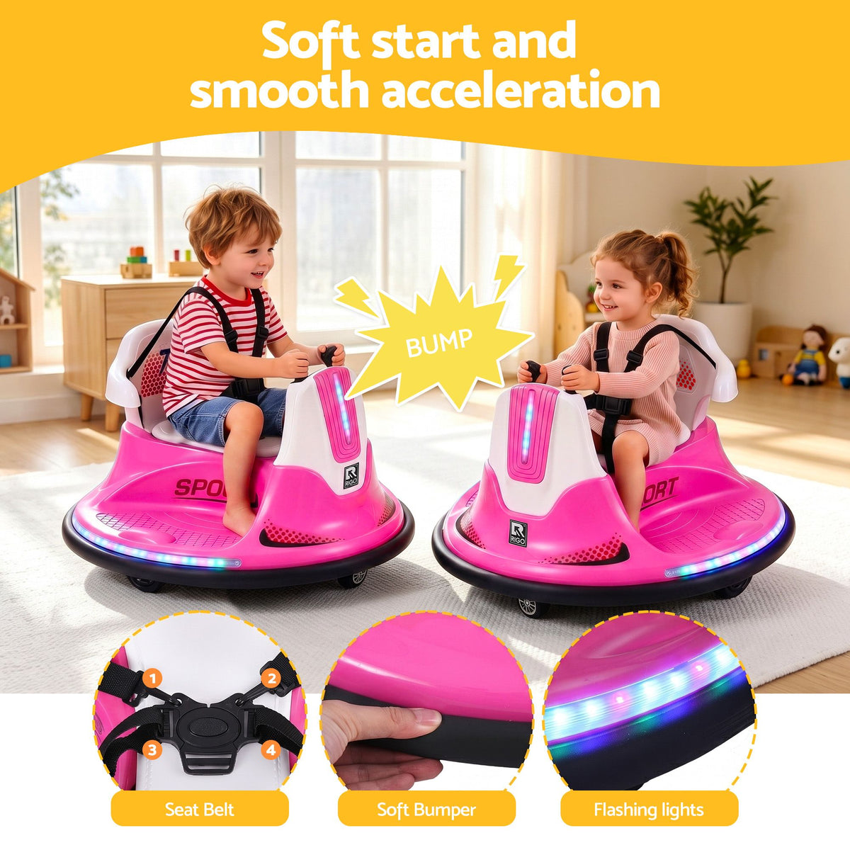 Two children riding pink and white electric bumper cars in a bright indoor room, with marketing text reading 'Soft start and smooth acceleration' and feature callouts for seat belt, soft bumper, and flashing lights.