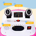A close-up of a white and pink ride-on toy with labeled callouts pointing to controls: 1 Forward/Back buttons, 2 light switch, 3 music player, and 4 power switch.