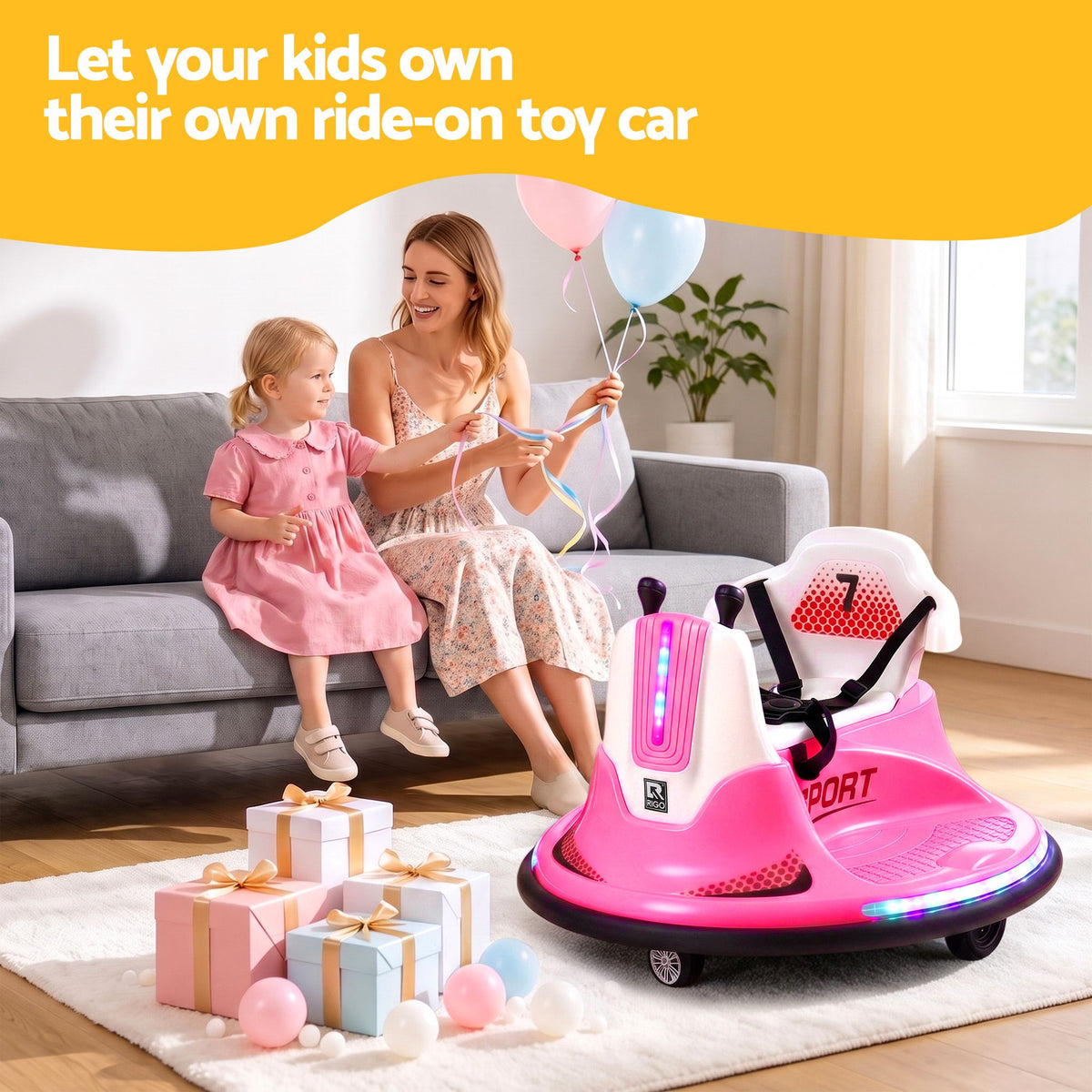 mum giving girl a birthday gift of a bumper car