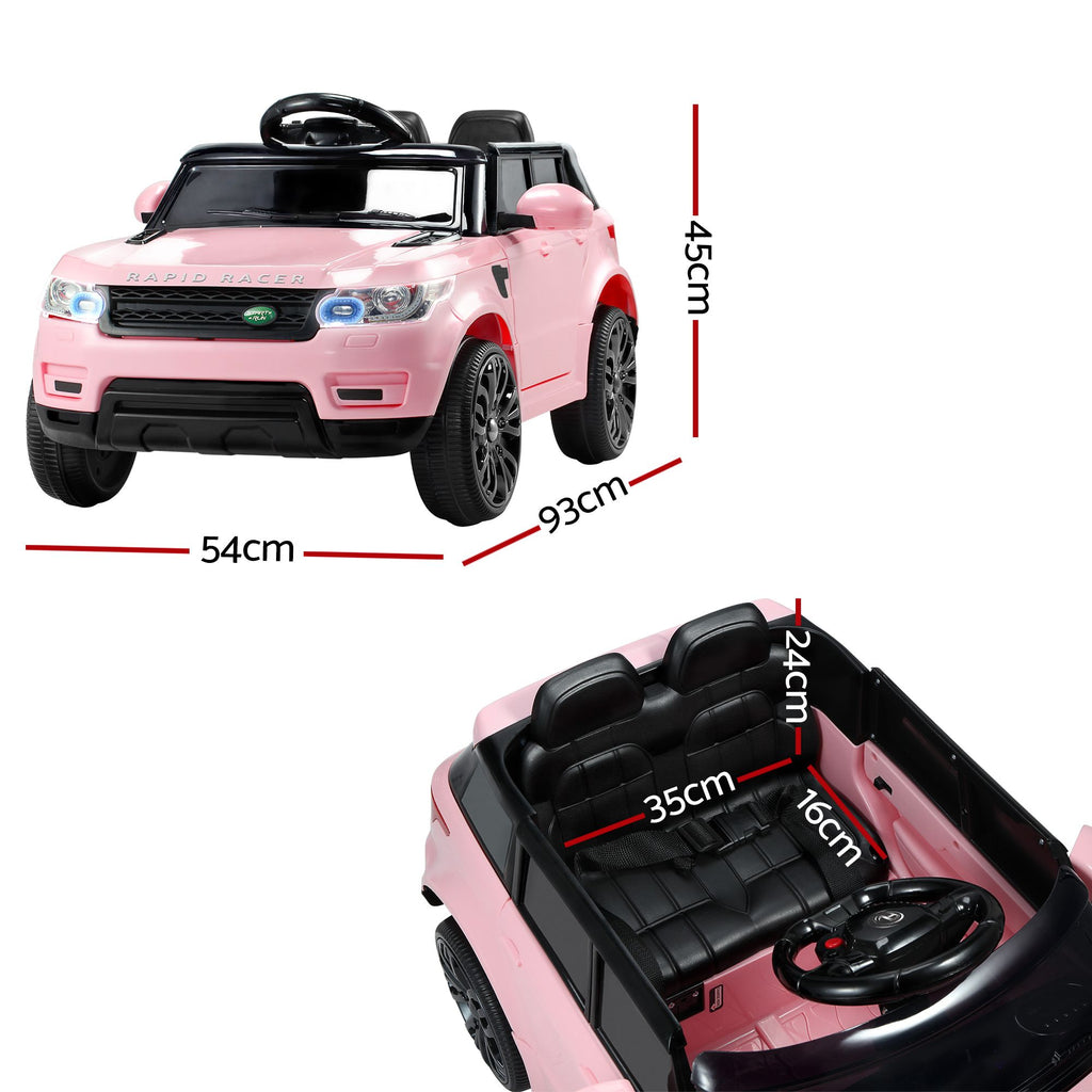 Pink toy car with dimensions labeled on a white background