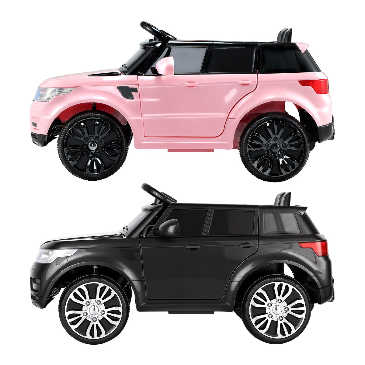 Pink and black toy SUVs on a white background