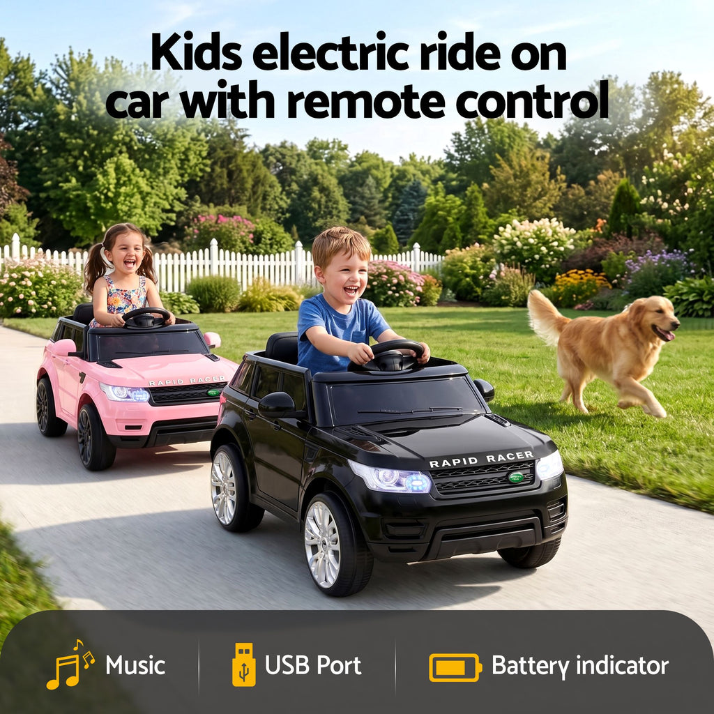 Two children playing with electric ride-on cars in a garden, with a dog watching.