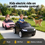 Two children playing with electric ride-on cars in a garden, with a dog watching.
