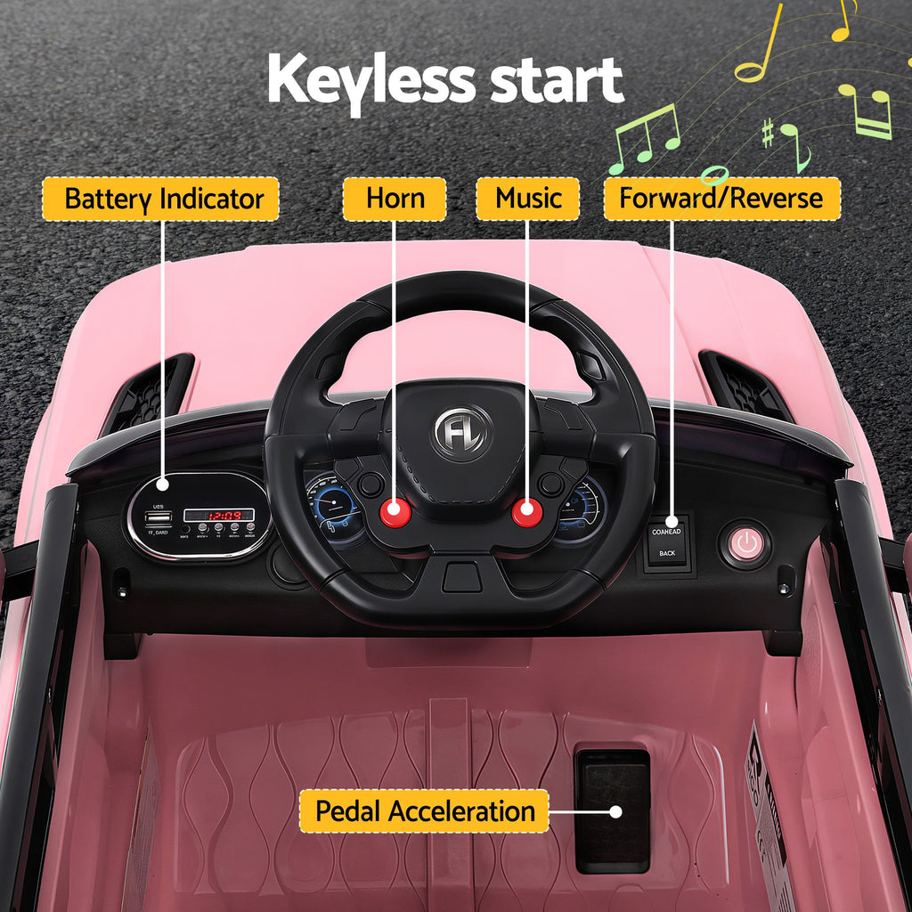 Control panel of a toy car with labeled buttons on a pink interior.
