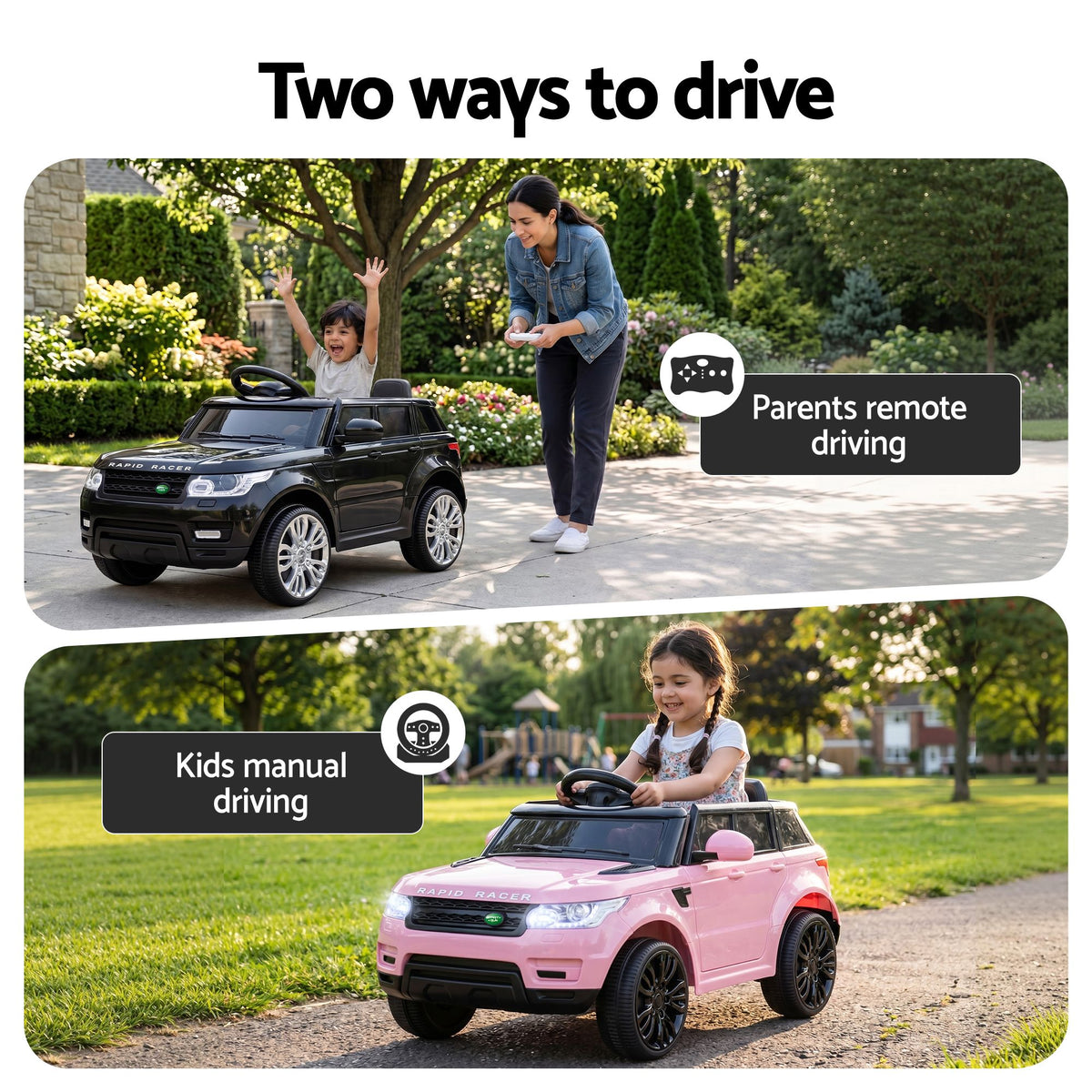 Two children playing with toy cars, one with remote control and the other manually driving.