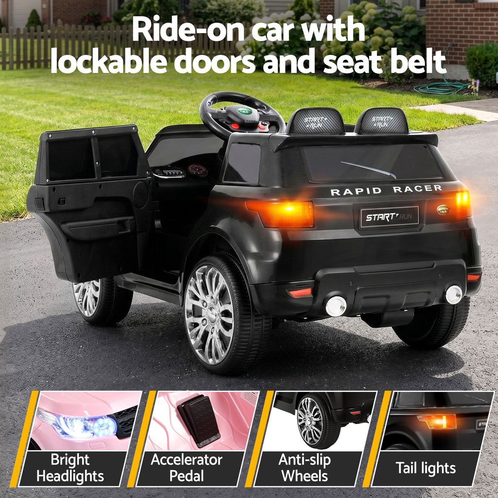 Black ride-on car with lockable doors and seat belt on a road.