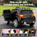 Black ride-on car with lockable doors and seat belt on a road.