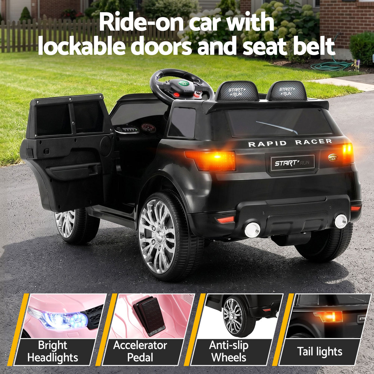 Black ride-on car with lockable doors and seat belt on a road.
