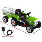 Green toy tractor with trailer and charging cable, featuring dimensions on a white background.