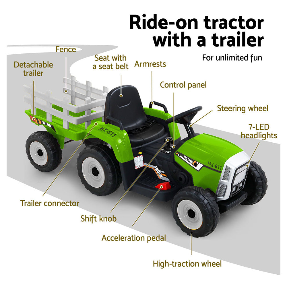 Diagram of a green ride-on tractor with a trailer, labeled with parts and features.