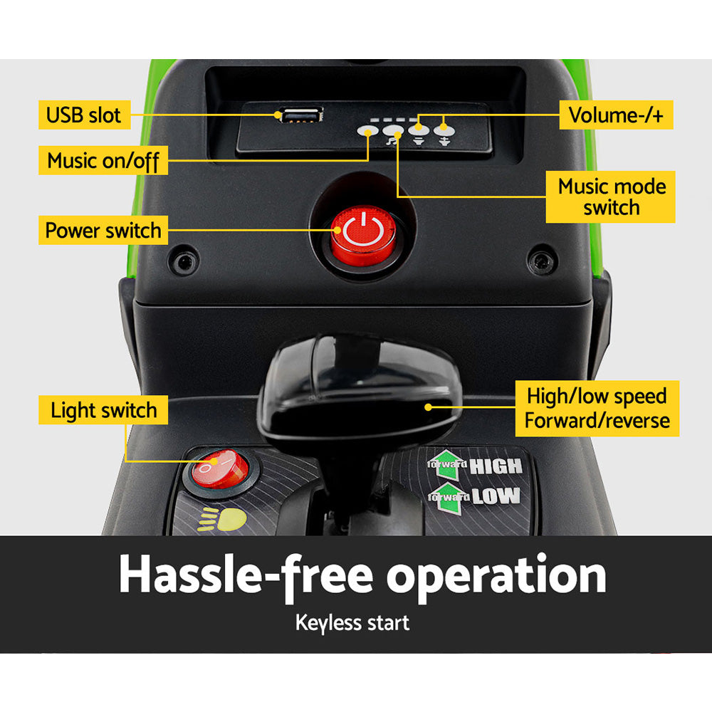 Control panel of a scooter with labeled buttons and features on a white background.