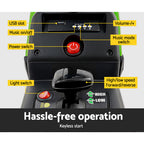 Control panel of a scooter with labeled buttons and features on a white background.