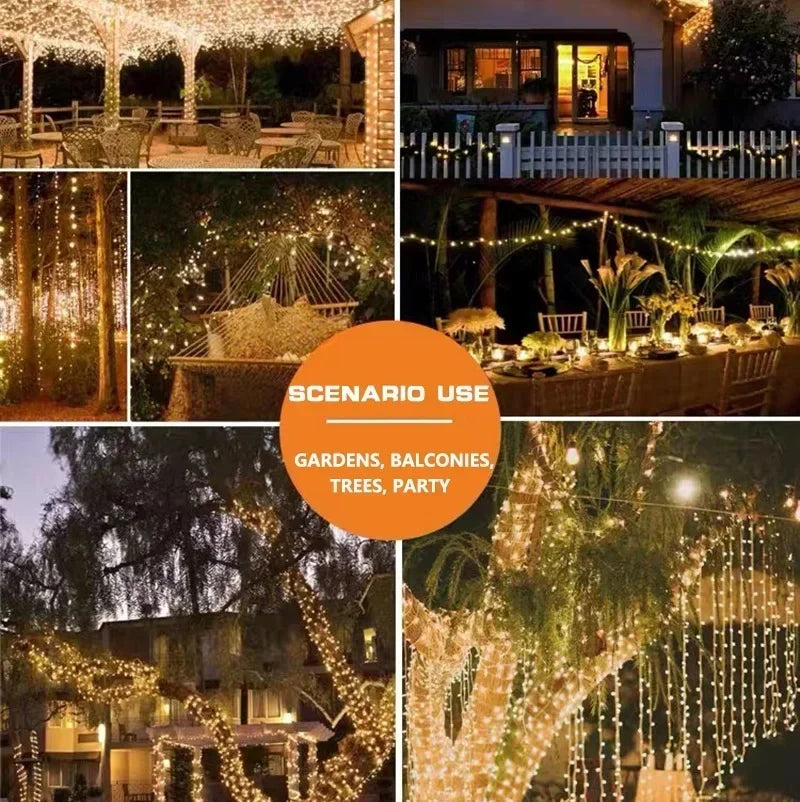 Collage of outdoor scenes with string lights, including gardens, balconies, and trees, with a scenario use label in the center.