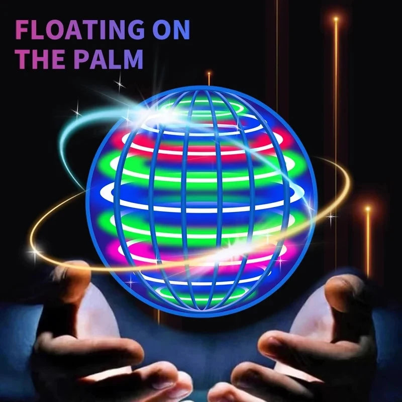Colorful glowing sphere floating between two hands with text 'Floating on the Palm' on a dark background.