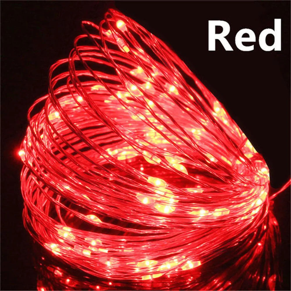 Coiled red LED string light on a black background with 'Red' text.